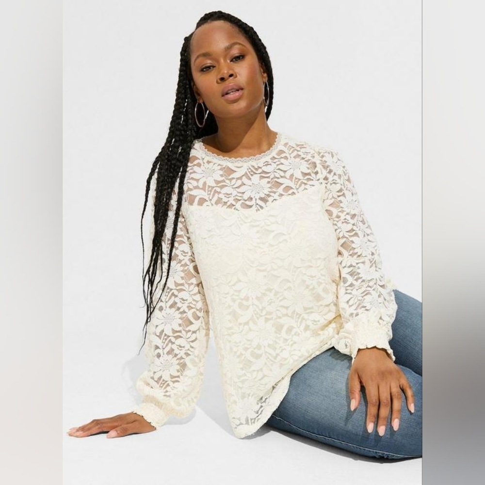 Torrid 00 Stretch Lace And Mesh Crew Neck Long Sleeve Top